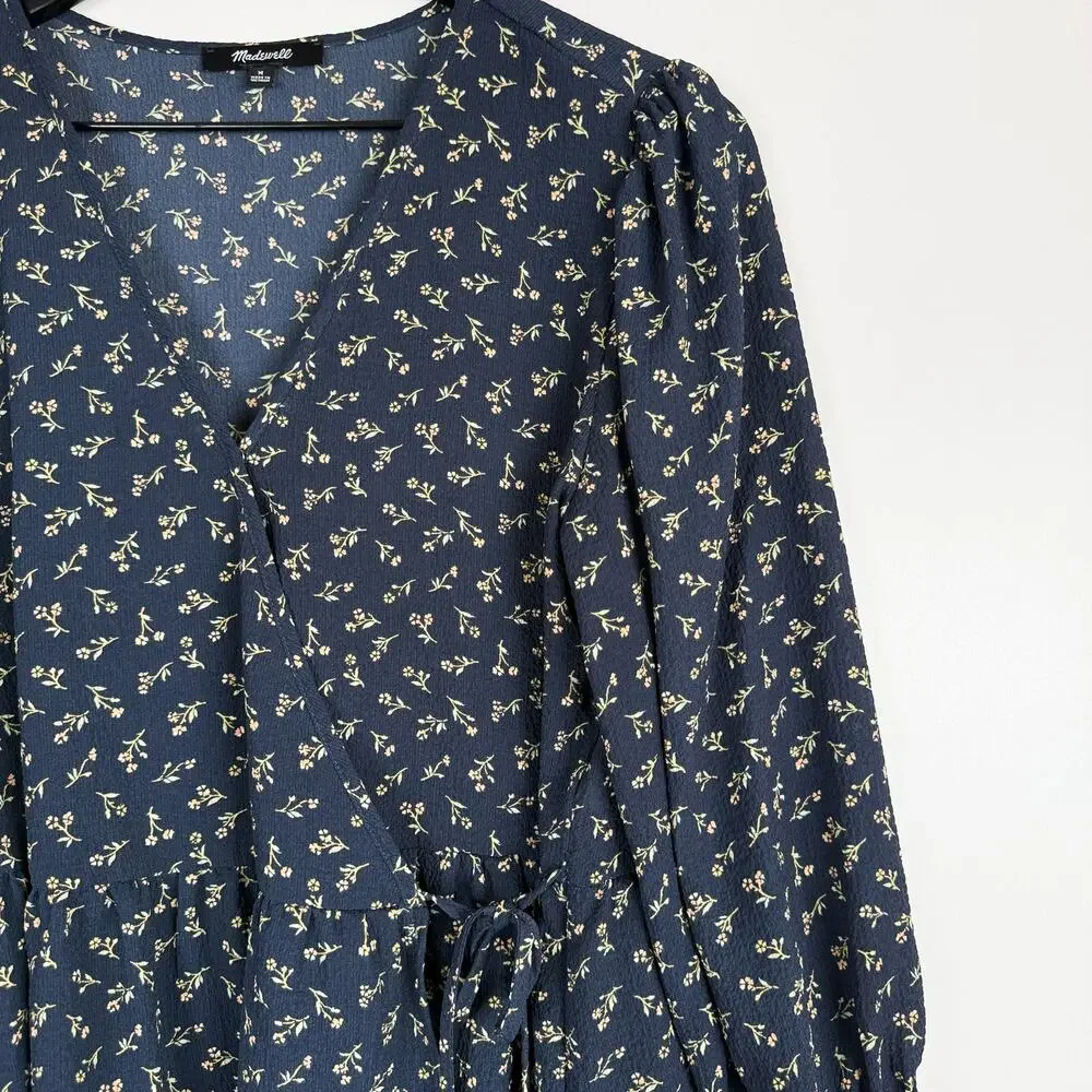 Madewell Floral Puff Sleeve Peplum Wrap Top Spring Fling Blue - M